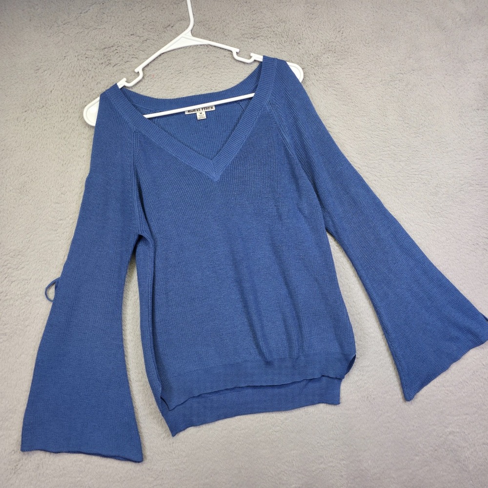 Moral Fiber Sweater Womens M Blue Lace Up Bell Sleeve Cold Shoulder Y2K Festival